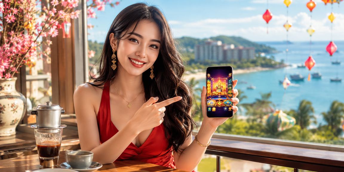 Người dùng trải nghiệm casino di động bên tách cà phê tại Phú Quốc